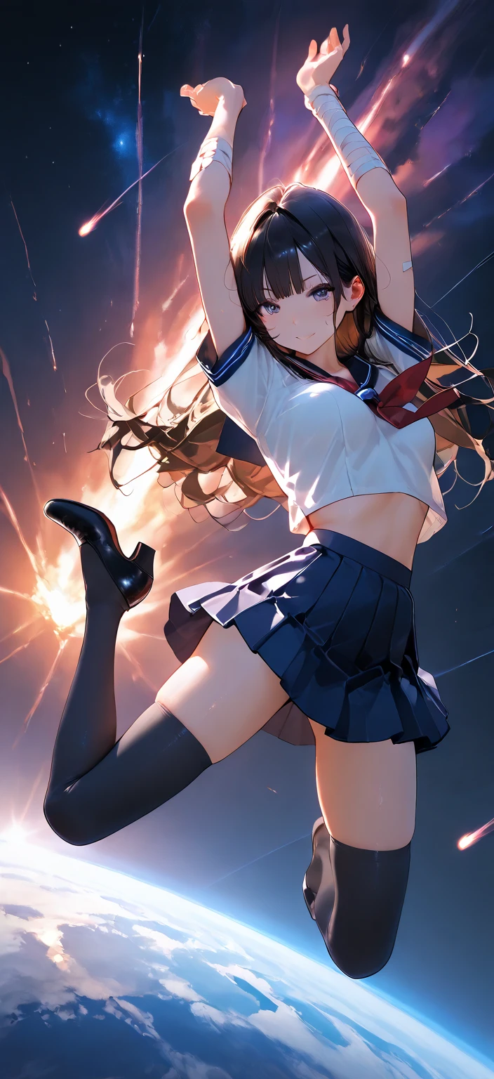 (1 girl),(high quality), (High resolution), (extremely detailed), (8K),(focus on lower body),(CG),high school girl、18-year-old girlfriend、girls high school uniform、navy pleated skirt、panties、(black pantyhose:1.2),(erect nipple shape),No shoes、(neutral white lighting),Transparent clothing