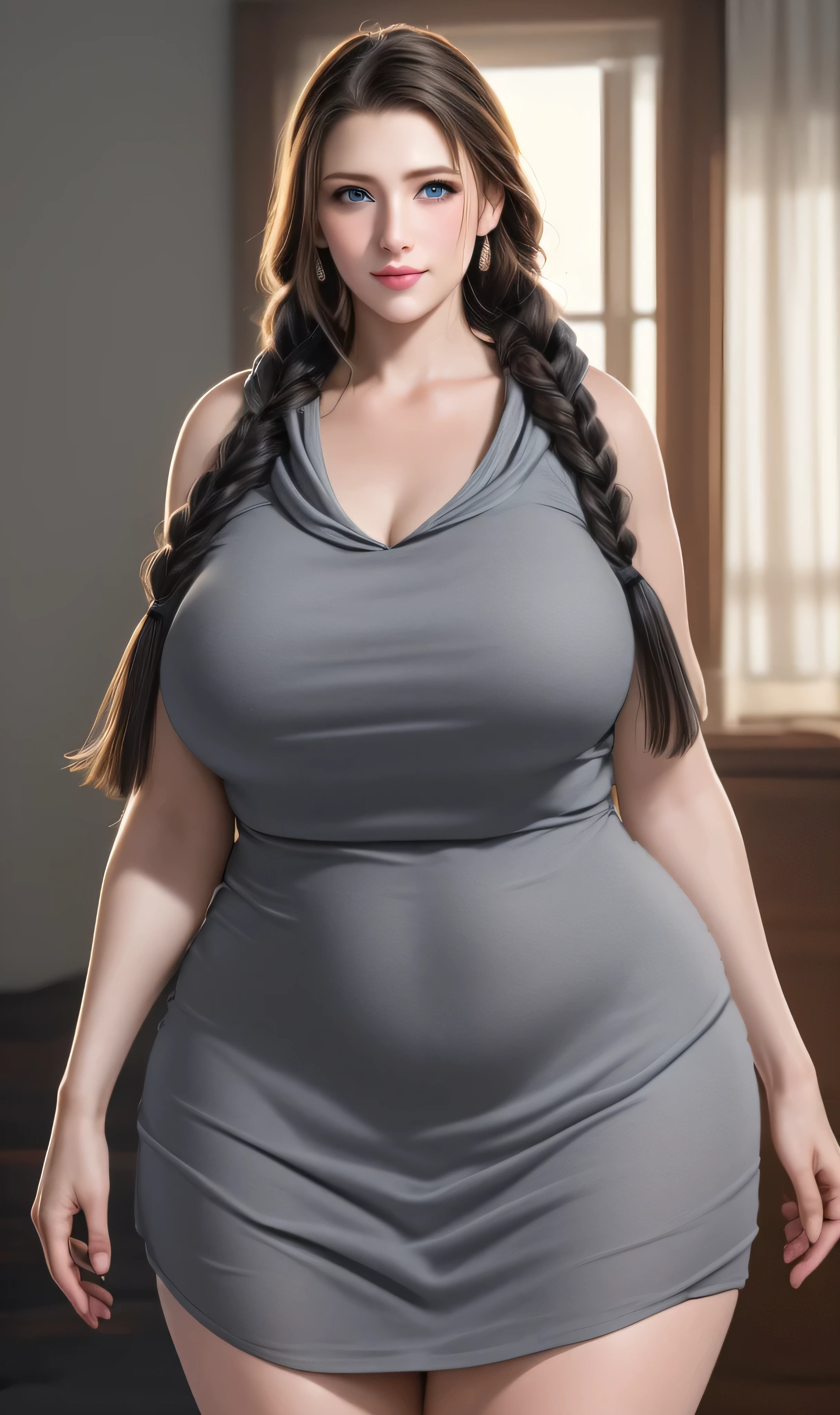 An Idol k-pop girl, (cute face, lewd face), braid hair, intricate face details, detailed face, golden ratio face, ((big breasts:1)), ((slim waist, big butt, big hip, big thighs)), ((intricate hands, detailled hands)), ((intricate feets, detailled feets)), full body, 64K, UHD, HDR, global illumination, (high quality, high detailed, hyper detailed, extremely detailed), photo realistic, ultra realistic, art photo, (clarify the details, detailed parts body), intricate artwork masterpiece, trending on artstation, (drunk face), (sexually aroused), tight clothes, (polished skin:1,9), kitchen, table, ridge, kitchen utensils