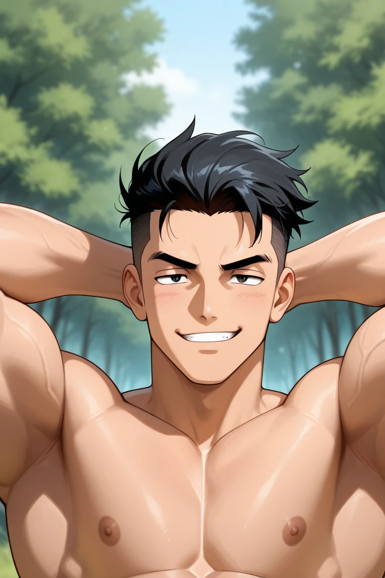 score_9, score_8_up, score_7_up, source_anime, solo, male focus, 1boy, todo aoi, muscular, scar, smile, looking at viewer, clapping, one eye closed, topless male, abs, pectorals, black pants, outdoors, river, forest <lora:jjk_aoitodo_ponyXL:1>