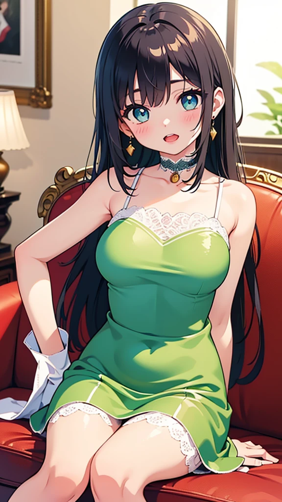 Want a port for NAYAKHEL online casino gaming app with a beautiful amine girl character wearing green silk dress showing cleavage with black and golden background