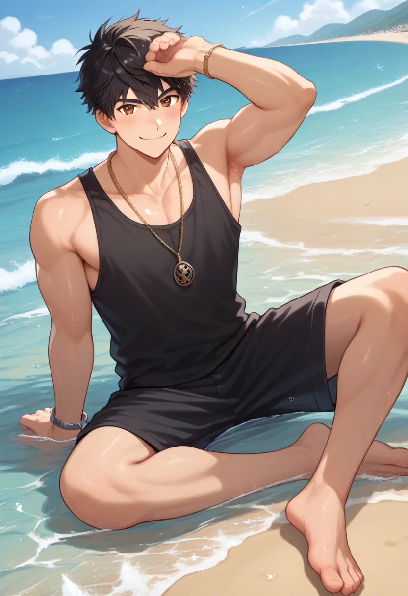 score_9, score_8_up, score_7_up, score_6_up, score_5_up, score_4_up, BREAK source_anime,explicit,
edgClive,scar on face, looking at viewer, black hair, crossing arms,smirk,swimming trunks,sunglasses,beach background<lora:edgCliveRosfieldPony:1>