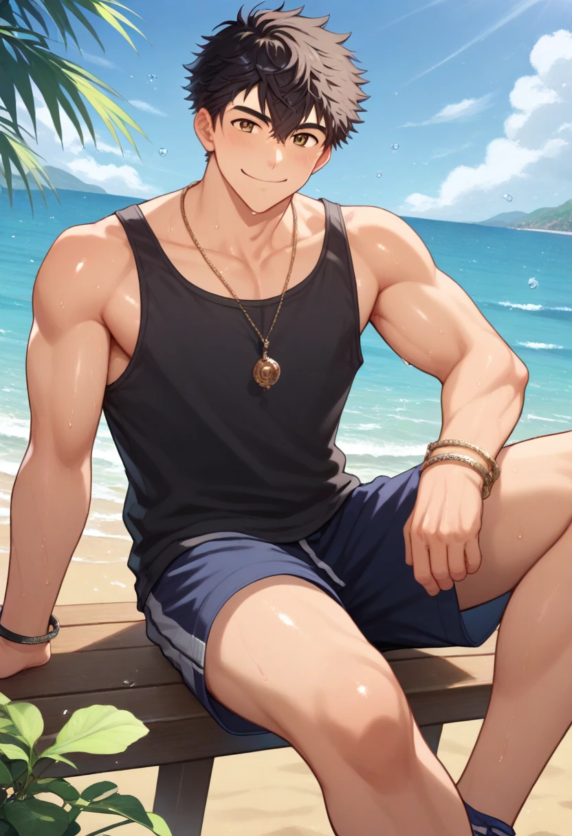 A young man, 22-years-old, solo, Caucasian, masculine face, muscular physique, shaggy tousled black hair, brown eyes, cheerful smile, mouth open, no shirt, shirtless, black swimming trunks, thin silver necklace, small silver earrings, beach, holding a grilled squid on a skewer