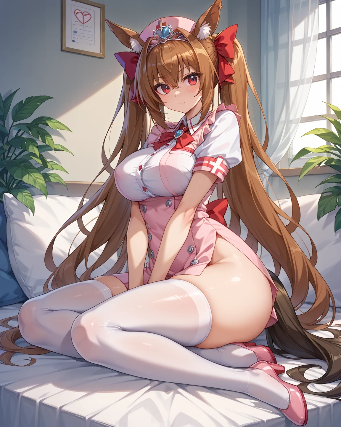 very aesthetic, Best Quality,((Elegant,noble,Lady)),(1girl in),Lori,(10 years old),Pink leotard, Ring Costume,Hair Ribbon,(Cute),Huge breasts,White Elbow Sleeve,Pink choker,Very long hair, Brown eyes,Brown hair,Pink knee-high,Garter Straps Garter Belt,Lace sleeves, Lace trim, ribbon braid, Center frills,bed,Night,NSFW,Bare navel,Cameltoe,(Shy,blush,embarrassed,in heat:1.5),Big ass,steam,tareme,drooing eyes,anguish,