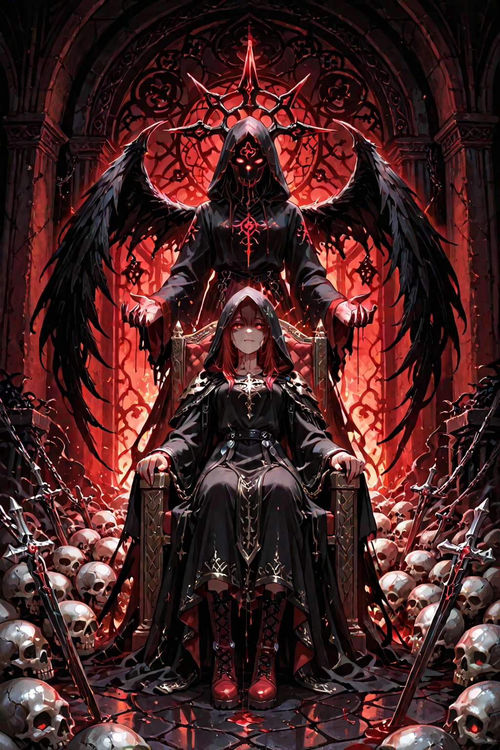 Pitch black sky, (Blood red moon:1.2), strange atmosphere, Dramatic shadows, Ethereal Light, Mysterious atmosphere, dark fantasy artwork