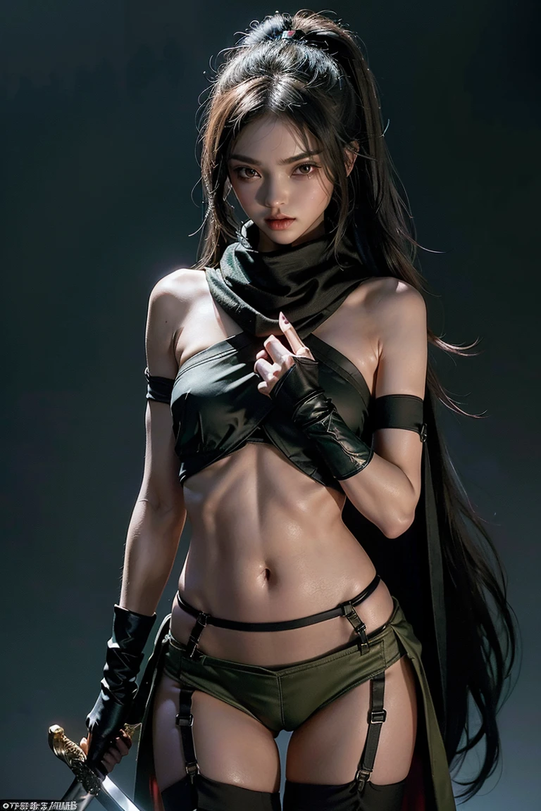 1girl, 3d, breasts, covering, covering breasts, cowboy shot, lips, long hair, looking at viewer, ((mask)), navel, realistic, solo, standing ((ultra realistic details)), 8k, ultra sharp

