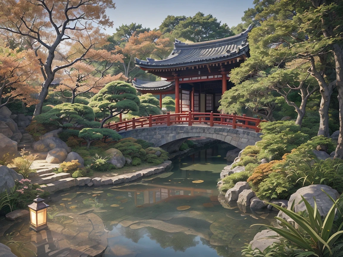 Inspired by Hiroshi Yoshida with a picture of a bridge over a pond、There is Pagoda in the background, 吉田博 た, Japanese landscape,  Oriental Scenery , 吉田遠志 た, An aerial view of a Japanese garden with , Ohara Ancient Village,  Zen Temple Background , Japanese Garden, quiet scenery, in Japanese Garden,  、Yoshida Hanbei 、４Ｋ、さくら散る
2
A tranquil Japanese garden is depicted in soft, warm hues, capturing the tranquility of a late autumn afternoon. A gently arched red wooden bridge crosses a peaceful pond, creating a charming focal point surrounded by lush greenery. The pond's surface reflects the bridge and the surrounding landscape, adding depth and harmony to the composition. To the right, a traditional stone lantern stands, its warm glow softly illuminating the nearby area, indicative of early dusk. In the background, a traditional Japanese pavilion with a tiled roof peeks through the trees, adding an architectural element to the natural setting. The foliage, in varying shades of green and burnt orange, suggests a scene in the heart of fall, with scattered leaves on the stone path and around the garden. The overall mood is serene and contemplative, inviting reflection and immersion in nature’s quiet beauty.