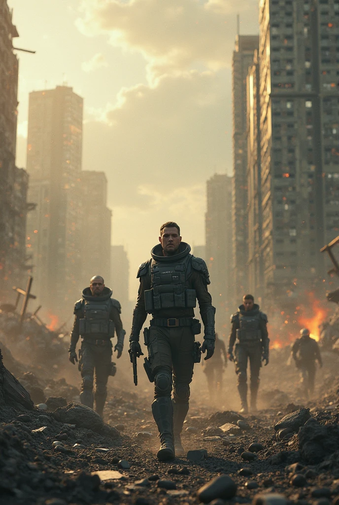 Men dressed in futuristic armor burned a city devastating everything very chaos --auto --s2