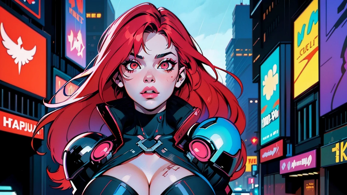 woman with medium-length orange-pink hair, in a white T-shirt with comics and a black skirt, cyberpunk art, gothic art, cute aesthetic with atmosphere, Cartoon aesthetics, in a red suit, wear gothic accessories