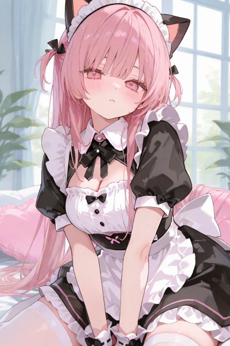 ((masterpiece、Highest quality、Super detailed)、((One person))、((Pink Hair))、((Twin tails))、((Light blue eyes))、ahegao、((open mouth))、((lots of piercings))、((Very large breasts))、White brim、((maid))、Short sleeve、((micro miniskirt))、thighhighs、On the bed、((pillow humping))、((Sit on the pillow))、((Crotch rubbing))、((Dimly lit room))、Bedroom Background
