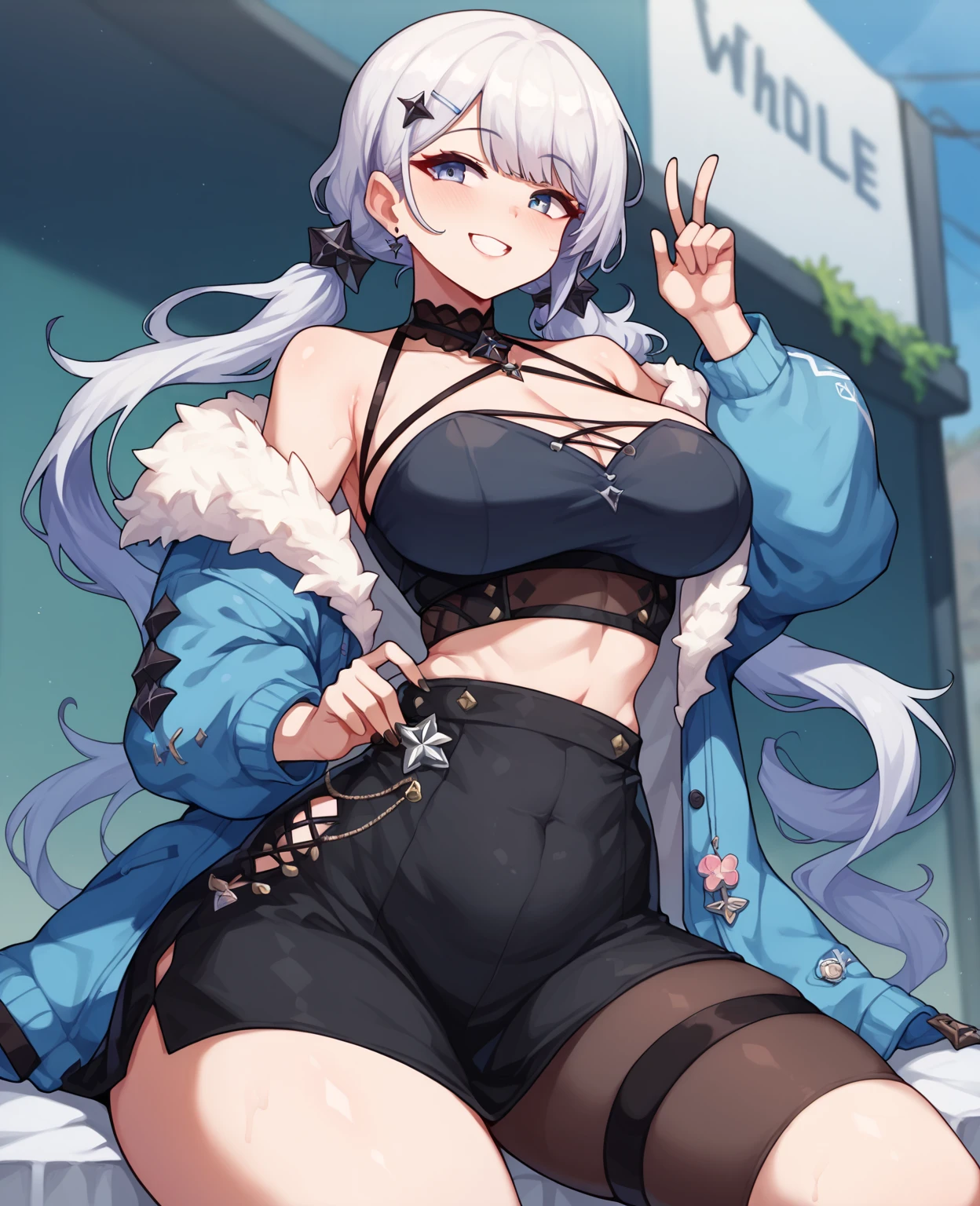 ((((Full body pose,Look this way,high quality,One young girl)))),
(((Flexible body,Huge breasts,Big thighs,Ecstatic expression))),
((White and purple shaggy hair,Tie your hair at the nape,Giant fox ears,Wolf's Tail)),
(See through,Open jacket,Sweating profusely,Large amount of steam),
Wet and risqué black bikini,Big sleeves,first round,Thigh-high boots,
Background々A circle,Wet crotch,