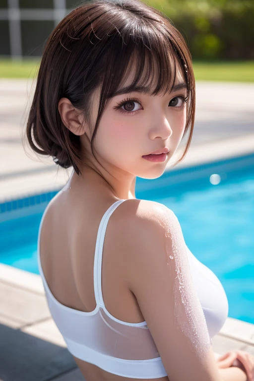 　Squatting,wearing wet T-shirts,white t-shirt,T-shirt is up to the butt,Sheer T-shirt,Inside the T-shirt is a black micro bikini,Lower body T-back,pool,wet body,wet shirt,wet hair,dripping water,full body shot,Natural light,mermaid pose,beautiful breasts,cleavage,beautiful eyes,super detailed face,highly detailed eyes,Ultra precision body,super precise arm,super precise hands,highly detailed fingers,thin fingers,Ultra-detailed thighs,Ultra Detailed feet,sexy pose,dynamic pose,short hair