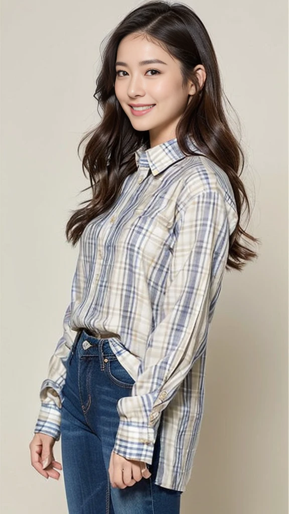 girl, asian, white_top, long sleeves, black_jeans, shirt_tucked_in, belt, standing, transparent clothes