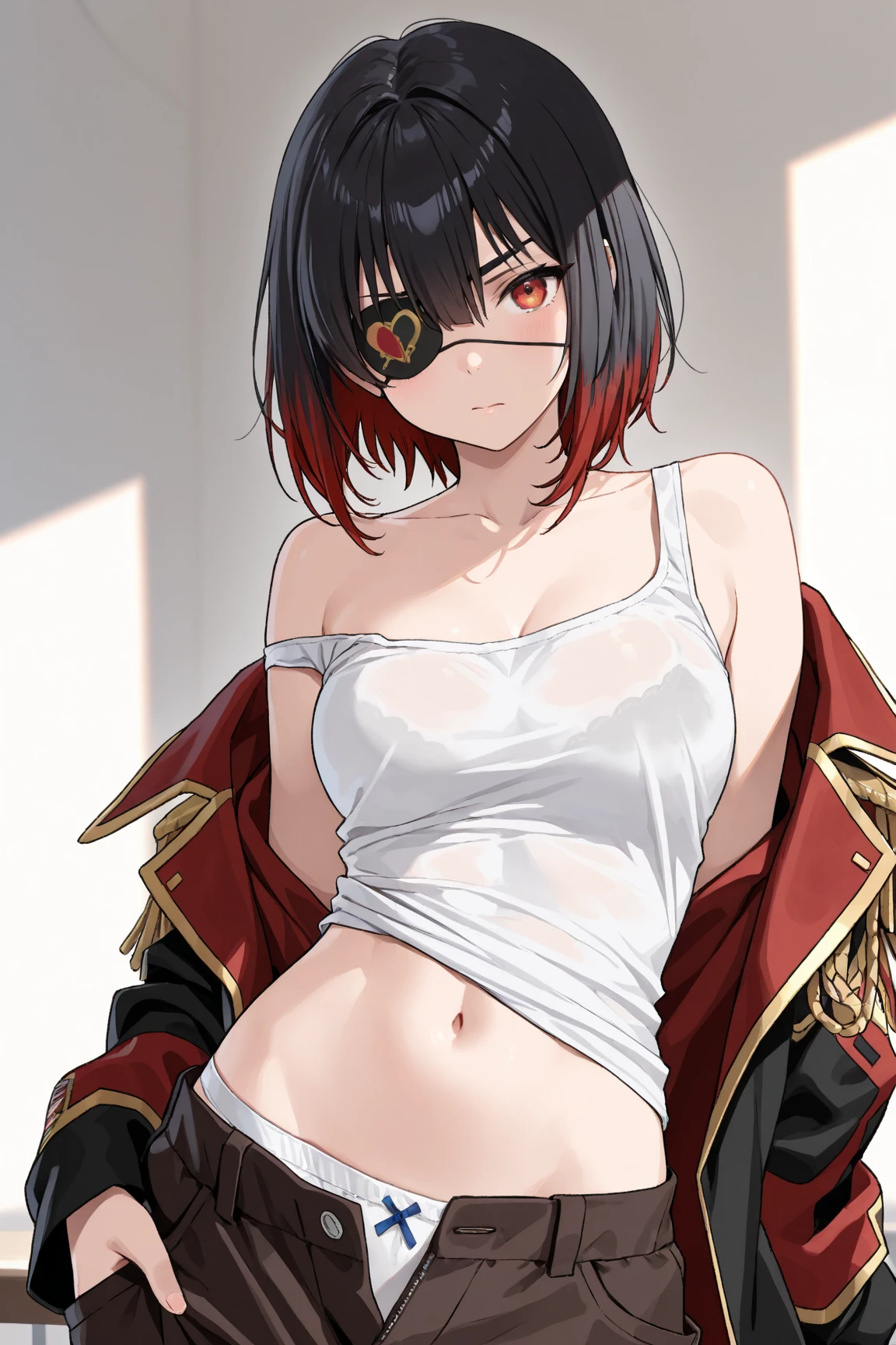 Anime style woman wearing devil mask and short sleeve red outfit sitting on sofa, Dimly lit room