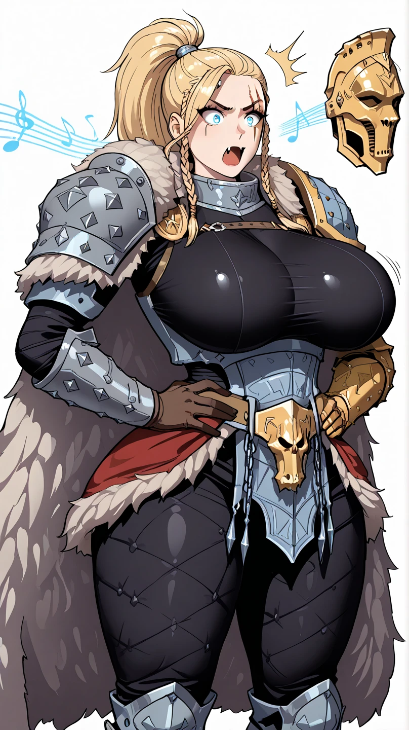 A goddess kemono adventurer in full suit of dark metal armor and chain mail ornamented with intricate runic carvings, adorned with a (((red deer crest ornament))), hourglass body, its mane a (blood-red hue), poised with weapons drawn, evoking a sense of expertly crafted fantasy, hyper butt hyper hips, bursting with breast_implant,