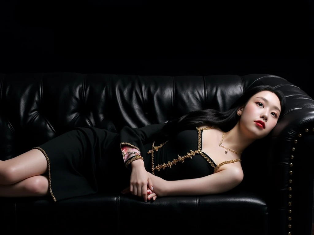 In a striking 8K HDR scene, a stunning Korean woman, 22 years old, lies peacefully in a long coffin and coffin lid beside the dead body. surrounded by plush pillows behind head. The deep box is set against a rich white background, accentuating the beauty of the subject. Her exquisite deep-V neckline kebaya attire is embroidered with superb detail, showcasing her round and firm breasts, perfect cleavage, and beautiful eyebrows. Her closed eyes and mouth give an air of serenity, while her visible and absolute cleavage leave nothing to imagination. The scene is bathed in saturated colors, highlighting every intricate aspect from the ball skirt to her clean face, straight body, detailed hand perfect hands, straight body