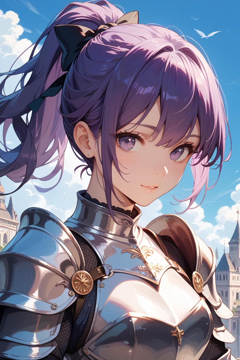 (masterpiece, best quality, detailed), 1girl, solo, looking at viewer, aaram,short hair,hair over one eye,bangs,hair ribbon,purple ribbon,x hair ornament,small breasts, muscular physic (muscular size 2.2)
king, cape, fur-trimmed cape, armor, gold, crown, gem, jewelry, white gloves, outdoors, mountain, castle, fantasy, scenery, sky, contrapposto, smile, open mouth, teeth, v-shaped eyebrows, smug
