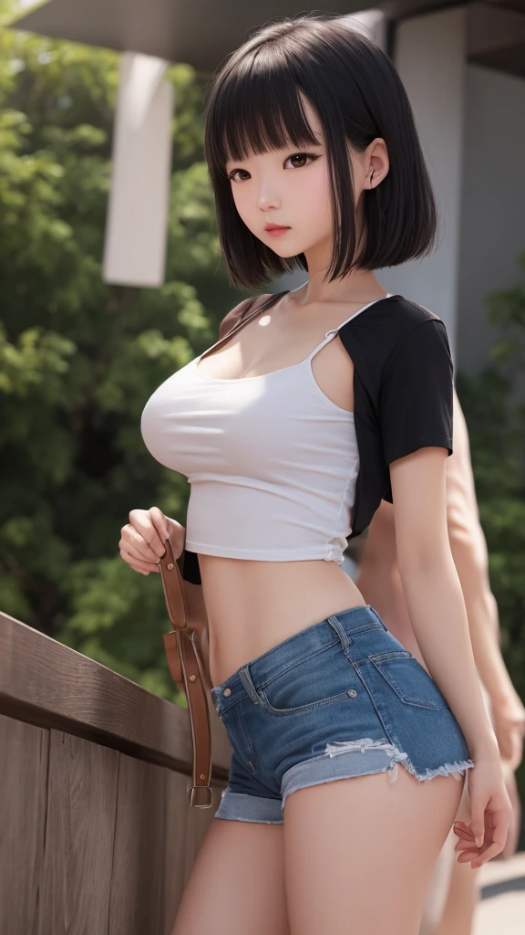 create a sexy girl a porn tipe short black hair, blue eyes, denim shorts, city, absurdres, high res, ultrasharp, 8K, masterpiece,porn tipe, looking at viewer
