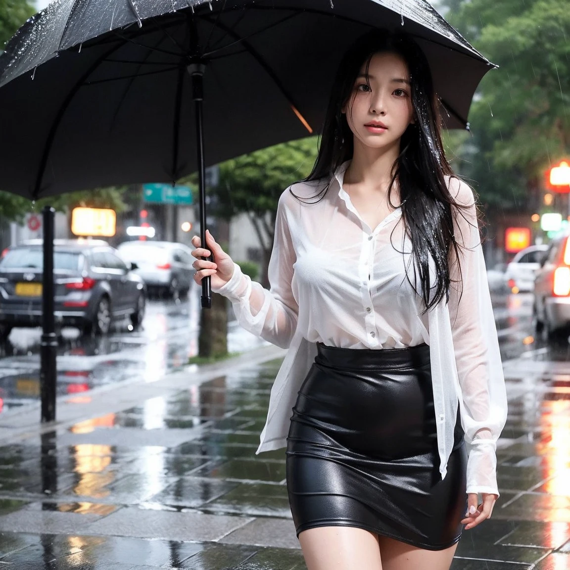 Full body view, feet in view, ((Best quality, 8k, Masterpiece: 1.3)), Sharp focus: 1.2, A pretty woman with perfect figure: 1.4, Slim abs: 1.2, ((Layered haircut, Big breasts: 1.2)), (White long shirt with white buttons, pantyhose, short skirt, no shoes: 1.1), (Rain, Street: 1.2), Wet body: 1.5, Highly detailed face and skin texture, Detailed eyes, no shoes