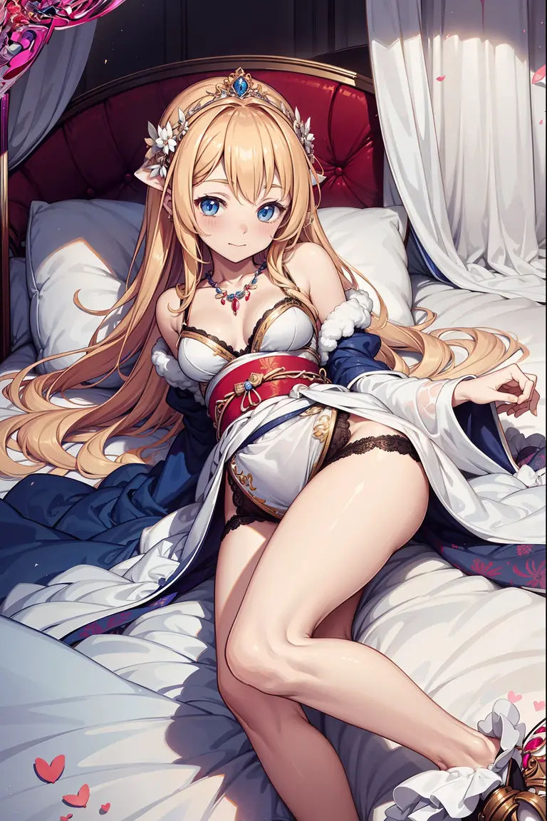 ((masterpiece)), ((high quality)), ((super detailed)), ((high resolution)) ,((8k)), a beautiful woman, ((She is one of the most famous female High-class hostess in the world.)), unparalleled beauty, ((huge breast)), ((large ass)), ((deep cleavage)), slim waist, chest out, ultra detailed face, perfect skin, (((Hair that reaches down to the neck, Half-up hairstyle, straight golden hair))), blue eyes, detailed eyes, whole body image, sexy, an inviting smile, sensual, (((anime))), ((glamorous)), sexual attraction, 26 years old, ((incredibly beautiful woman)), ((The J cup bust)), ((((sexy pose)))) , (((Dancer's costume))), ((beautiful breasts)), beautiful legs, 8 life size, anime, the most beautiful and strongest, ((charm)), ((Half Japanese and half British)), ((Grown-up face)), Late night bedroom, ((Secret meeting)), ((((hand on own chest, lying on bed)))),