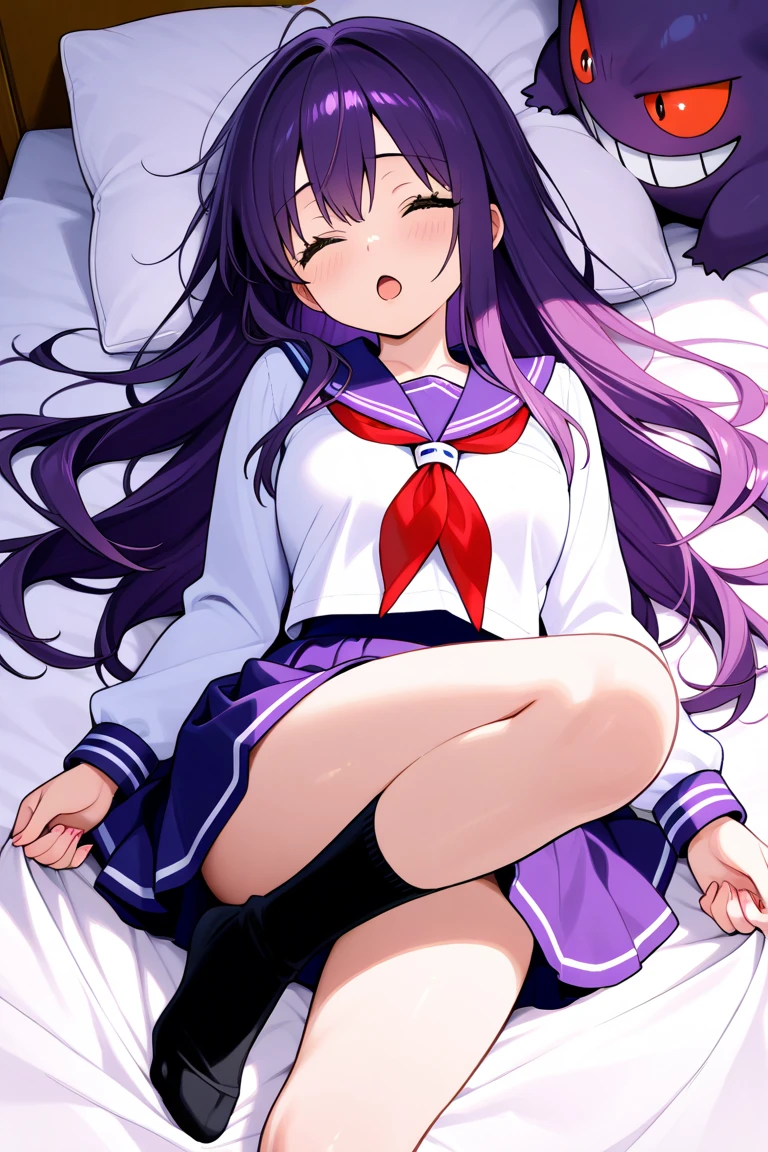 (masterpiece, best quality:1.5), (ultra detailed, high resolution, 8k, beautiful detailed, UHD, best anatomy), purple hair, small breasts, 1 junior high school girl, barefoot, bed room, night, flared skirt, short-sleeve shirt, Red thin tie, closed eyes, put one's head on a pillow, Lying on the bed, side angle