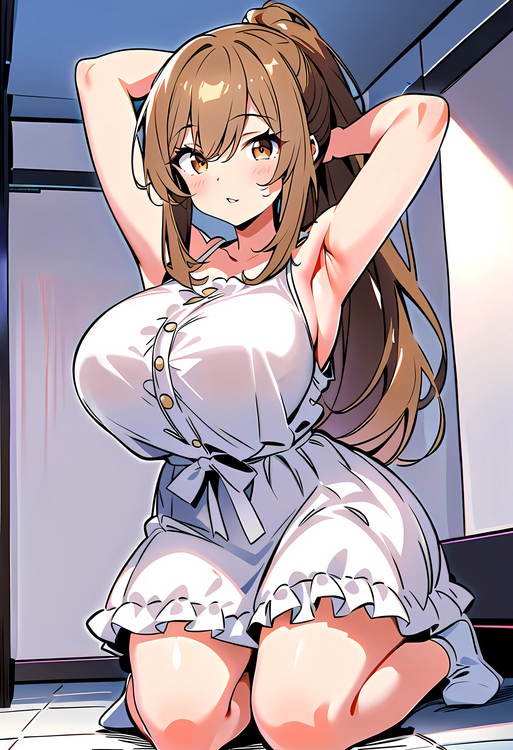 score_9_up,,score_8_up,score_7_up,score_6_up,score_5_up,score_4_up, 1 girl, satosasara, brown eyes, brown hair, single hair bun, (ponytail:1.2), long sideburns, long hair, frilled dress, white dress, white ribbon, short sleeves, puffy sleeves, puffy short sleeves, frills,(huge breasts),((armpits)),(((kneeling))),twisting waist,indoor,angle from front,looking at viewer,