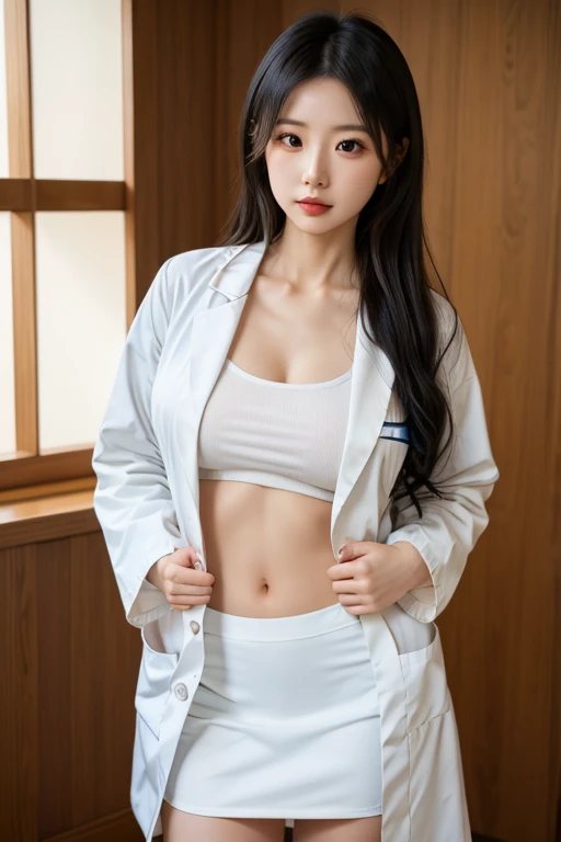Alafed woman in white jacket and brown shorts poses for photo, sport bra and shirt, smooth translucent white skin, sport bra, Sports Bra, Sultry body with sexy belly, light milky white porcelain skin, smooth body features, White bra, Gorgeous young Korean woman, model with attractive body, training bra, Open your crotch,tight push up bra,pureerosface_v1:0.8