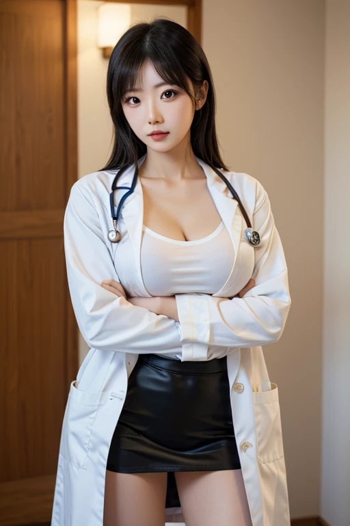 masterpiece,best quality,official art,extremely detailed CG unity 8k wallpaper,1girl, ultra high res, (photorealistic:1.4), golden hour lighting, ((((lab_coat,)))),(((lace stockings))),(full body), (Kpop idol), ((puffy eyes)), looking at viewer, facing front, smiling, laughing,huge breasts,(cleavage cutout),((((no underwear)))), <lora:koreanDollLikeness_v10:0.6>