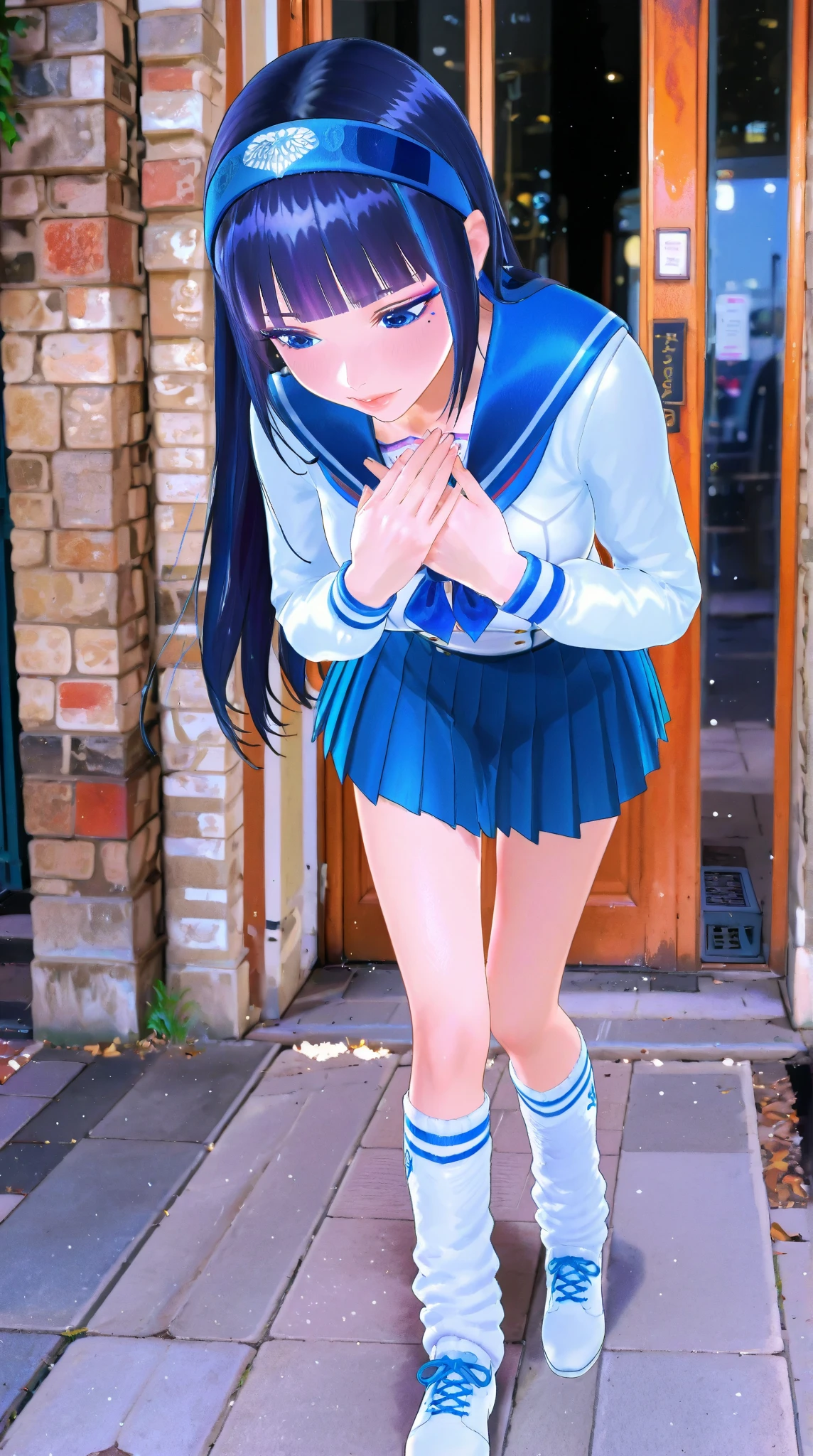(masterpiece:1.2, top-quality), (realistic, photorealistic:1.4), beautiful illustration, (natural side lighting, movie lighting),
((from behind:1.2, bottom view)), looking at viewer, , 1 girl, japanese, high school girl, perfect face, cute and symmetrical face, shiny skin,
(long hair:1.8, straight hair:1.7, black hair), asymmetrical bangs, purple eyes, (large breasts:1.5, thick thighs), (perfect fingers),
beautiful hair, beautiful face, beautiful detailed eyes, beautiful clavicle, beautiful body, beautiful chest, beautiful thigh, beautiful legs, beautiful fingers,
((light blue collared shirts, navy pleated mini skirt, socks, navy tie, light brown cardigan, white thighhighs)), pink panties,
(beautiful scenery), evening, city staircase, walking, leaning forward, vibrator in thighhighs, climb the stairs,
((blush,Embarrassing,in trouble, open small mouth)), looking up from the bottom of the stairs, turned around, stick out the butt, pussy,Hand in pantieasturbation、Masturbation、Love juice