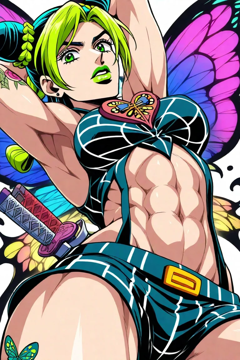 absurdres, highres, ultra detailed, (1 girl:1.2),huge breasts, (dark tan skin:1.4), abs:1.25,unity 8k wallpaper,a woman, fishnet stockings,Dynamism,cinematic shot, intricate details, (dramatic shadows:1.2), (vivid color palette:1.2), body twisting, seductive pose,bright lighting, spread legs,navels,Tank tops, School uniform, mini-skirt, checked skirt, bare chest, well-developed abs,Pink and yellow-green hair,Vibrancy, rhythmic gymnastics,armpits,  close up, showing her armpitarmpit, abs、crop top and lowrider shorts、Looking up、Chest is deflected、Angle from below、Pure white background
