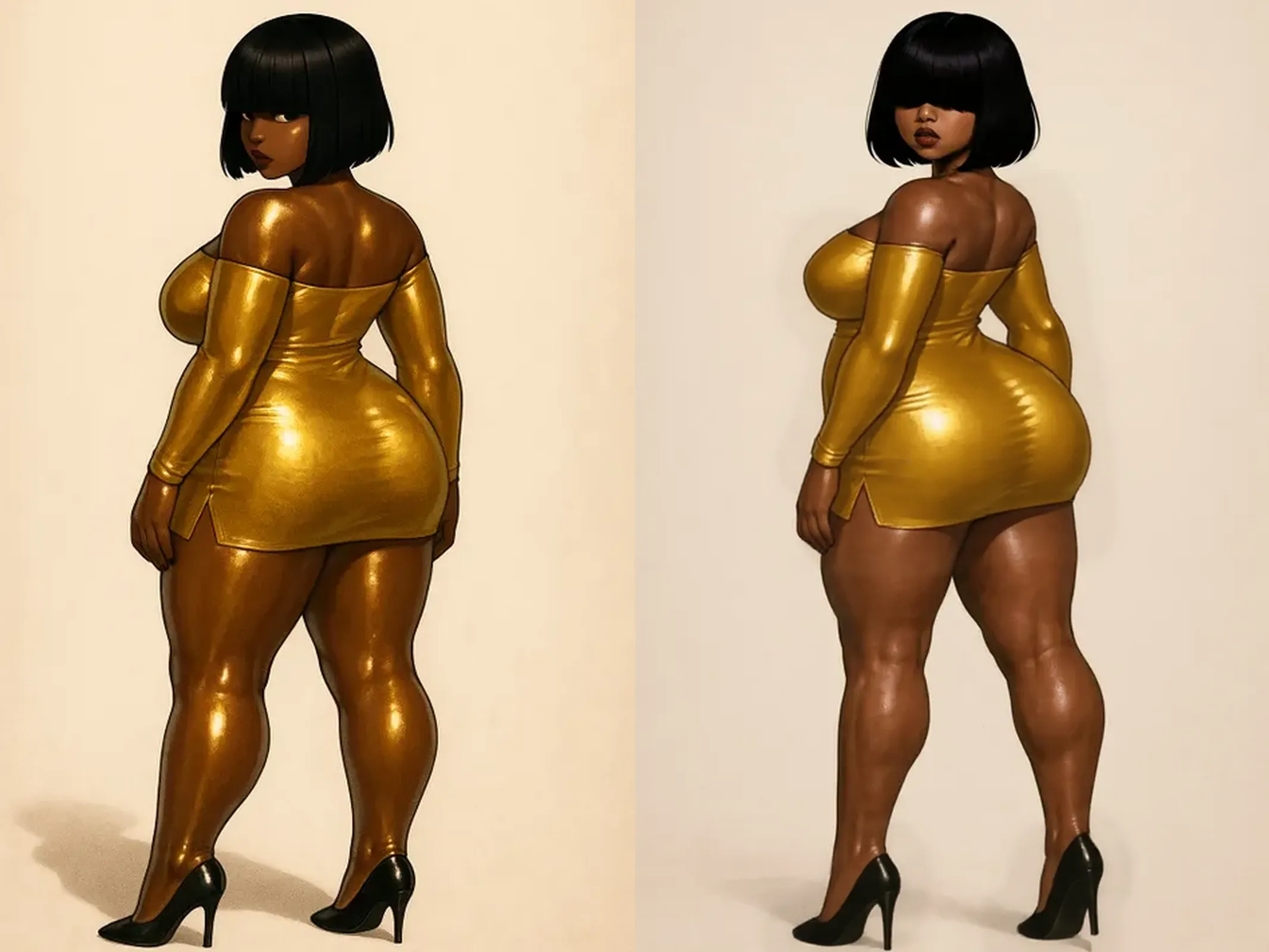 ((masterpiece)),(((best quality))),((character design sheet)), ((full body view)) ((Egyptian queen) mature face, ((long Nemes:1.5)), defined cheekbones, high cheekbones, illustration, muscular, ((gold:1.4)), sexy bimbo, (gigantic breasts:1.7) black hair, ((detailed face:1.4)) beautiful woman, (Egyptian:1.4) (black skin:1.4) , (red lipstick:1.4), shiny skin, scribbles and marks,(puffy lips:1.4) , rough sketches, pose, 8k,16k, (simple background, white background: 1.3) beige color palette, black legs, black arms, ((brown face))