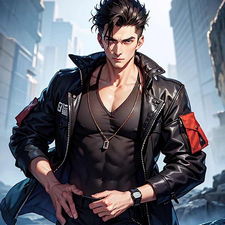 Mature male, holding an axe held in front of his chest, handsome, lewd expression, toothy smile, open mouth, city night view, hotel, moonlight, doomsday, dark, short black hair, black eyes, masterpiece of best quality, 8k, very detailed, high quality, high resolution