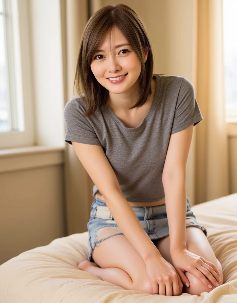 ((Extremely precise and accurate ???????:1.0)), (photo Realistic:1.4), (hyper Realistic:1.4), (最高品質のRealisticな肌の質感:1.4), (Improvement of quality:1.4), (Enhances the beauty of skin texture:1.1), Clean and glowing skin, mesh, thin:1.2, (Realistic:1.3), Realisticなライティング, (Smoother lighting:1.05), (Improving the quality of cinema lighting:0.9), Backlight, A gentle light on your face, Ray Tracing, (Bright light:1.2), 32K, One Japanese woman, fine grain, Detailed face, (Film Grain:1.1),(Accentuates body lines:1.1), High resolution, Natural look, Kind eyes, Improves hair quality, Delicate light and shadow, Transparent muscles, Graceful pose, Beautiful Eyes, Sharp details, Soft light reflection, Beautiful contours, Delicate skin tone, Fine hair texture, Natural background, ,(((Downward))),((Spread your legs)),A loose-fitting camisole,barefoot,One Girl,Realistic,Bedroom、Looks sleepy