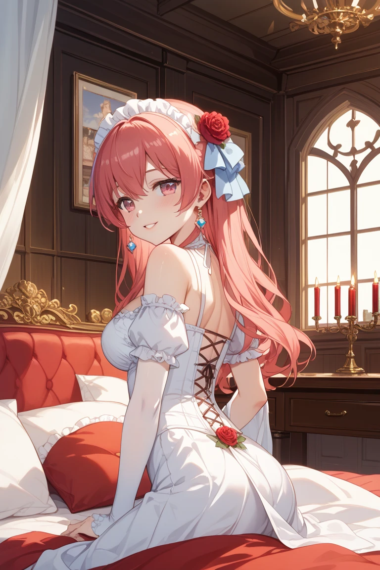 (Best quality, A high resolution, Textured skin, High quality, High details,Extremely detailed CG unity),teens girl,Enchanted,Divine happiness,Being in love,(Light Victorian dress:1.2),Pink hair,eBlue eyes,(Fabric headdress),Maximalism,Multiple layers of delicate ruffles,Lots of lace,Multi-colored cloth,Delicate embroidery,Delicate pattern,Fabric headdress,exquisite costumes,see-through transparent clothes,Bedrooms,the night,Dazzle,the night,solo person,Fluttering skirt,