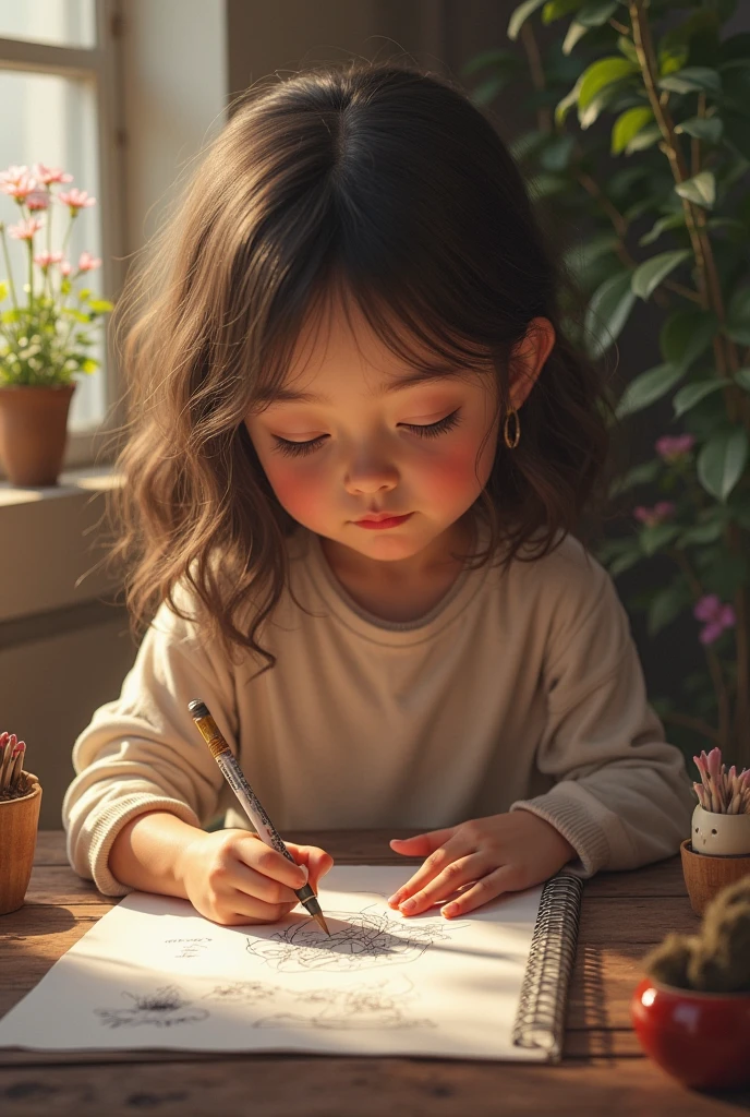 A little girl doing her homework，Fingers are natural，holding a pen，The gesture of holding a pen is natural，Painting，to contrast，Creamy texture