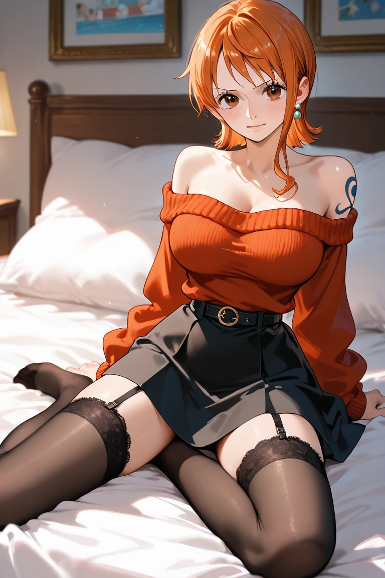 Cute little girl s,Round Brown Eyes、Orange hair color、no-bra、Medium to long straight hairstyle、Stomach stuffiness，Windmill tattoo on the left shoulder、（Bigboobs，Wearing black stockings，Facial sweating，Facial flush，Facial flush，In a rental house，sitting in the couch，natta，It was raining outside，Be red in the face，The upper body is moist，Soaked half），wearing a blacked shirt