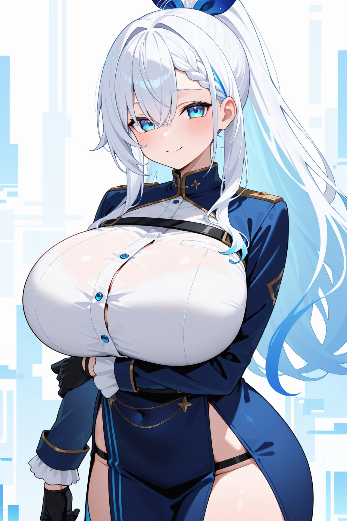 (girl long hair:1.2), (huge tits:1.0), (soldier:1.2), (long silver hair)