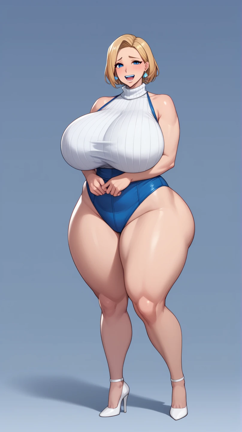 masterpiece, highest quality, High resolution, One girl, solo, sexual intercourse, Pornographic images, short hair, etsukoto, brown Eyes, fine grain, fine grain, (((Thick thighs, Plump thighs, Voluptuous thighs, Thighs alone are enough))), Huge and ample breasts, Cleavage, big long breasts, Naughty big,((big breasts are important))、((Naughty thighs)), L Cup, (thin:1.4),(Tight waist:1.4),  (white swimsuit:1.4), Embarrassed look, blush, (((Simple Background))), ((Wide Hips)), Shiny, Oily skin, Mature mother, Calf, Seductive mature woman, milf, Perfect body, Plus Size Model, curvy, ample, etsukoto, blush, clavicle, retro artstyle, 1990s (style), (thick thighs:1.4), ((((covering breast by arms, bursting breast)))), from side, full body, feet, bare pussy,