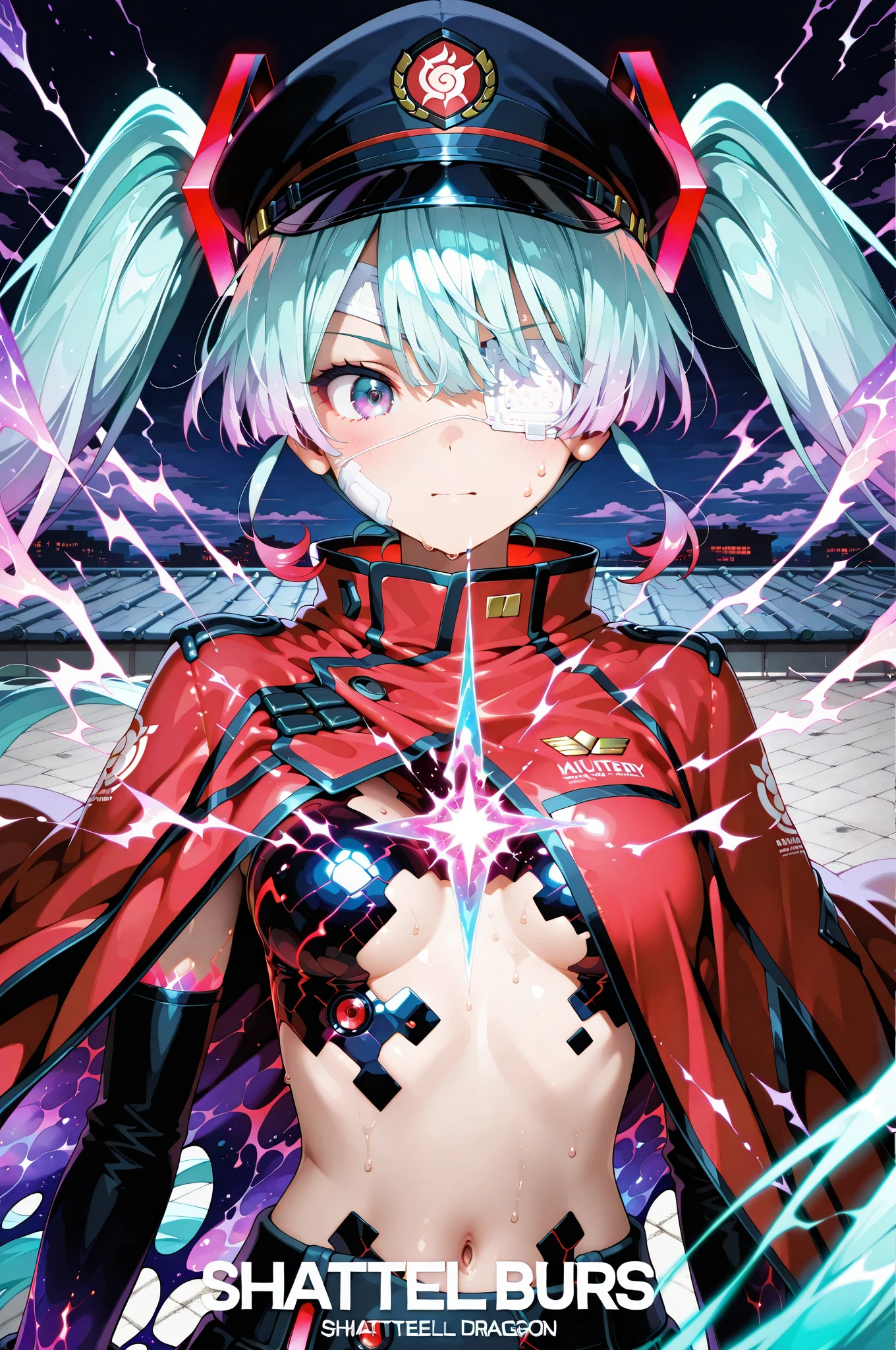 Japanese_anime_style,1figure_size_girl,(loli:1.3), (short_straight_ponytail:1.3), (light_blue_hair:1.3),black_mechanical_armor_parts,red_white_parts_black_body_suit,bare_shoulder,bare_thighs,medium_breasts,in_city_background,Stinging_eyes,(half_pupil:1.5),sleepy,thighhigh_greaves,gauntlets,dynamic_posing,bare_frank,metal_red_parts_black_armor,red_eye,
fists,1crystal_sword,hold_sword_hilt,glare,navel,large_mechanical_parts,happy,waist_armor,open_mouth,rise_legs,apart_legs, (very_long_bangs:1.3), (hair_over_one_eye:1.5),(long_bang_covers_right_half_of_face:1.5),
covered_pussy,