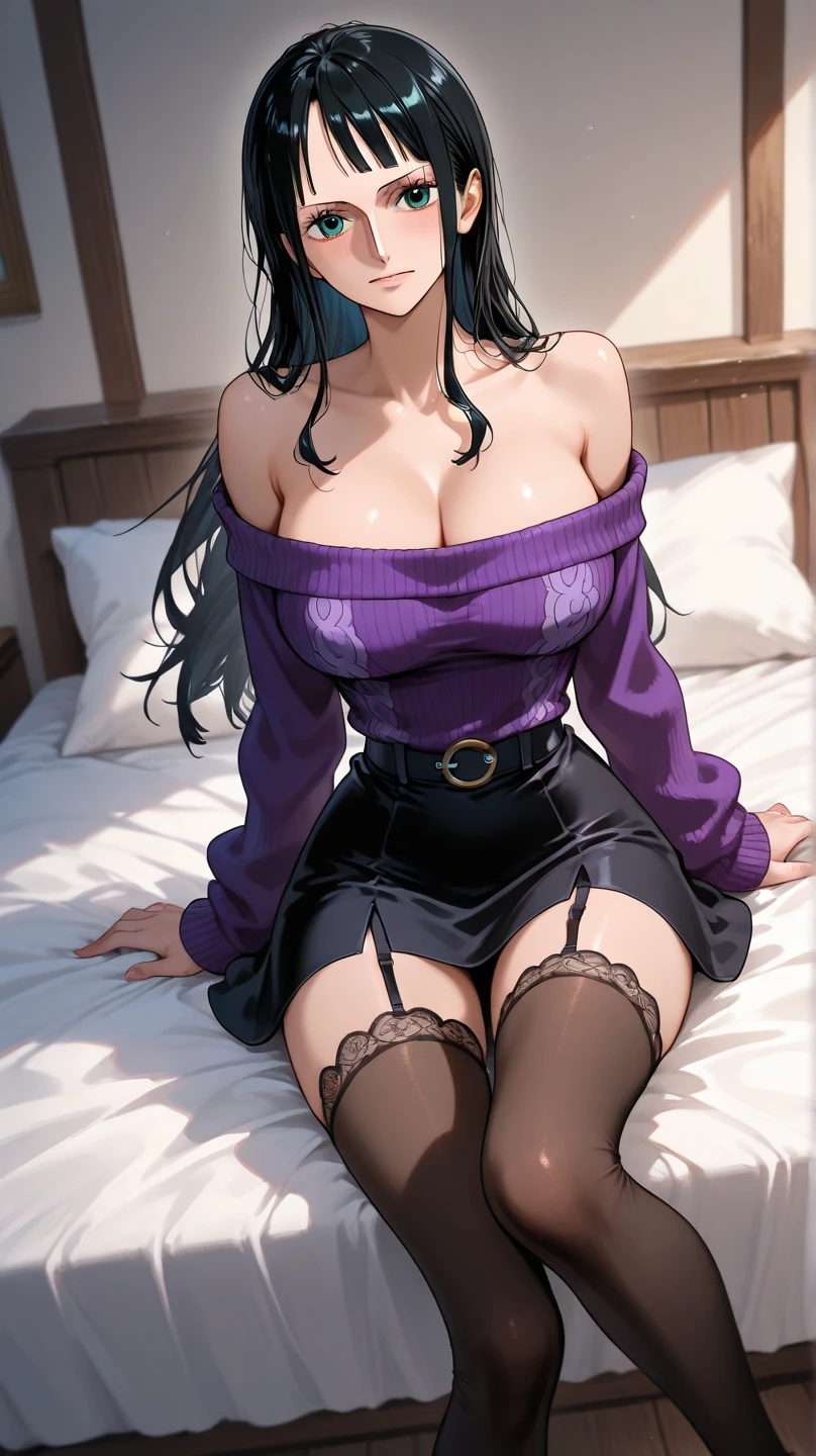 2 heads, a tall woman with 2 heads. In a bedroom. Laying down on bed, laying on back. Legs spread. Wearing bra and boxer underwear. Mature. Long straight dark purple hair. Wearing bandana. Thick eyeliner. Thick eyebrows. Blushing. Cute. Happy. Smiling wide. Milf. Thick thighs. Enormous thighs. Thin waist. Wife. Seductive, sexy.
