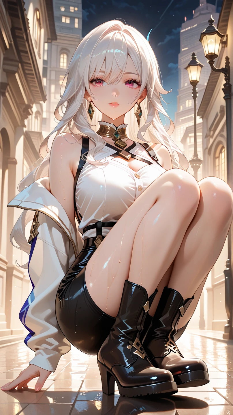 (Ultra Real), (Illustration), (High Resolution), (8K), (Very Detailed), (Best Illustration), (Beautiful Detailed Eyes), (Best Quality), (Super Detailed), (Masterpiece), (Wallpaper), (Detailed Face), Solo, (Dynamic Pose), One Girl, White Wavy Hair on the Boulevard, Losing Clothes, Japan Person, Iris Colored Eyes, (((Very Thin, Small and Short Night Dress)), Medium breasts, long legs, best ride of legs, wide waist, (without panties), (without bra)