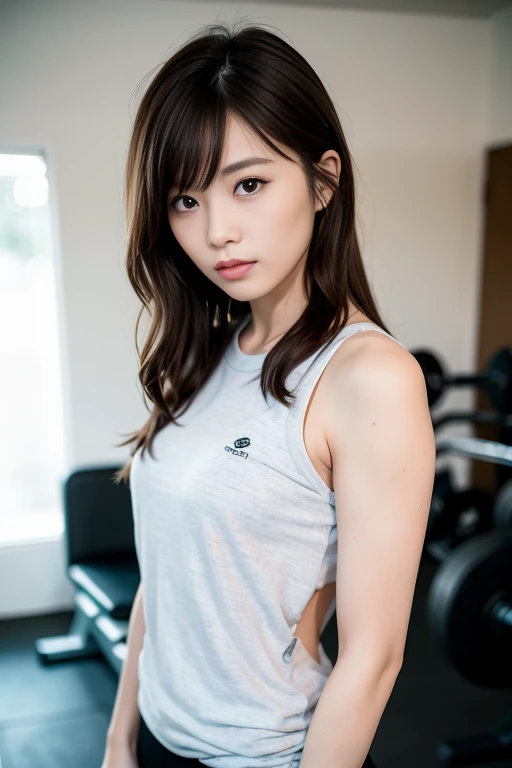 best quality, masterpiece, 1girl, high ponytail, sportswear, in a gym, upper body
