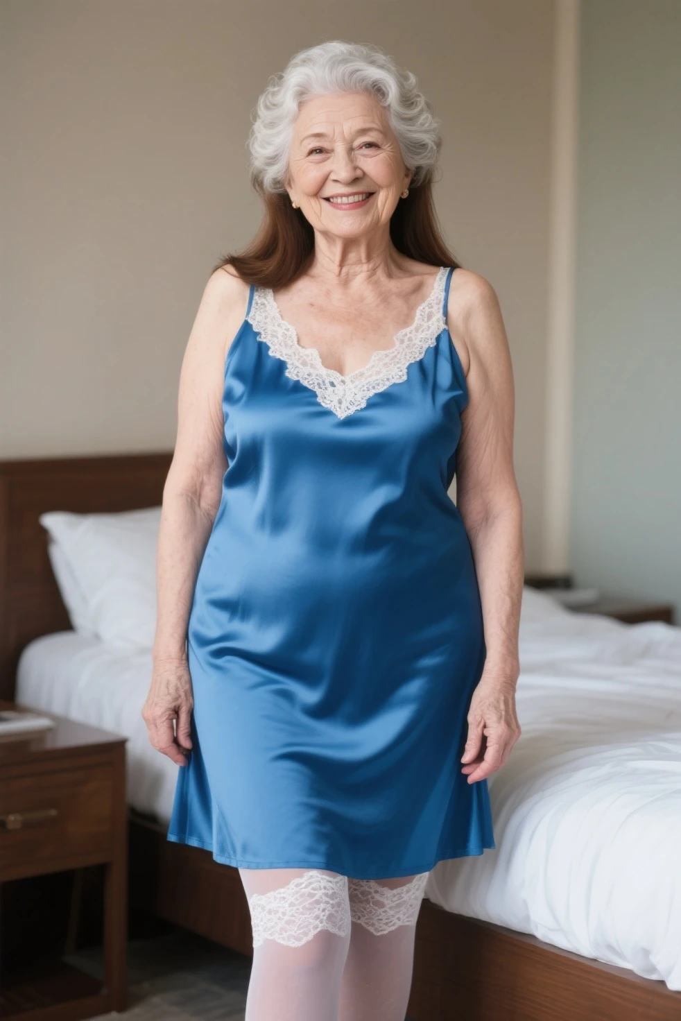 full body shot, an American woman, 59 years old, white skin, smooth skin, wearing slip, smiling。