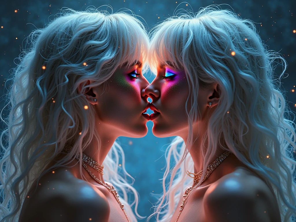 (((((Sensuality and Mystery: (two beautiful brunette and blonde women sweating, blue eyes and big breasts, full body, transparent clothes, view from the back, with a round ass, naked, They kiss passionately, kiss from tongue to tongue, they are lying on a big round bed, )(red silk bed slack)), ((blue neon nightclub lighting)), Nixeu and Sakimichan, Serafim Ahri KDA, lesbian kiss, inspired by Tim and Greg Hildebrandt, Nick Silva and Ilya Kuvshinov, inspired in Vincent Lefevre, Sakimichan and Frank Franzzeta, sensual 8K lighting), Post apocalyptic,), H. R. Giger style, Gothic Darkness, Infrared Unseen), High Contrast, Mystical), (depth), Hyperornate Details), Kinetic Lines and Curves, Devilcore, (1940s Propaganda Poster), Comic Book Superhero, (Medium shot), Scenery), Trending on artstation, Electromagnetic