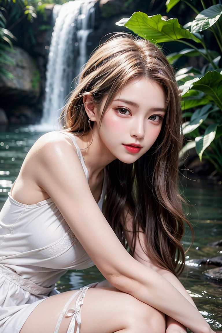 (ultra realistic) , (illustration), (increase resolution), (8K), (extremely detailed), (best illustration), (beautiful detailed eyes), (best quality), (ultra-detailed), (masterpiece), (wallpaper), (detailed face), 1 girl, black straight hair, slender body, delicate details, in the dark, deep shadow, low key, pureerosfaceace_v1, happy smile, summer dress, waterfall, rainforest