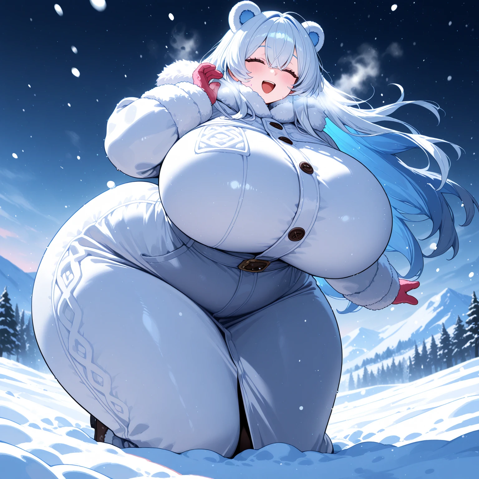 1girl, Fluffy White Haircut, with white Round Glasses,with white scarf, bear costume ,white bear costume, long sleeves, hood up, (huge breasts, huge butt), Living in a cold russian village.