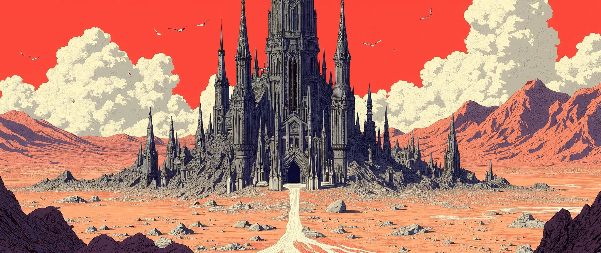 a scene seen from a drone, aerial view, a vast desert with arid mountains, in the middle of the scene, a dark cathedral, a black cathedral with small windows, it is very tall, and has gothic architecture, pointed roofs, the scene is seen from above, and it is possible to see the cathedral surrounded by an abyss with a point of land that connects it, rendered in the anime style 'vampire hunter d blood lust' and berzeker, akira, anime background style [[aerial view]], blood red sky, post-apocalypse scenario