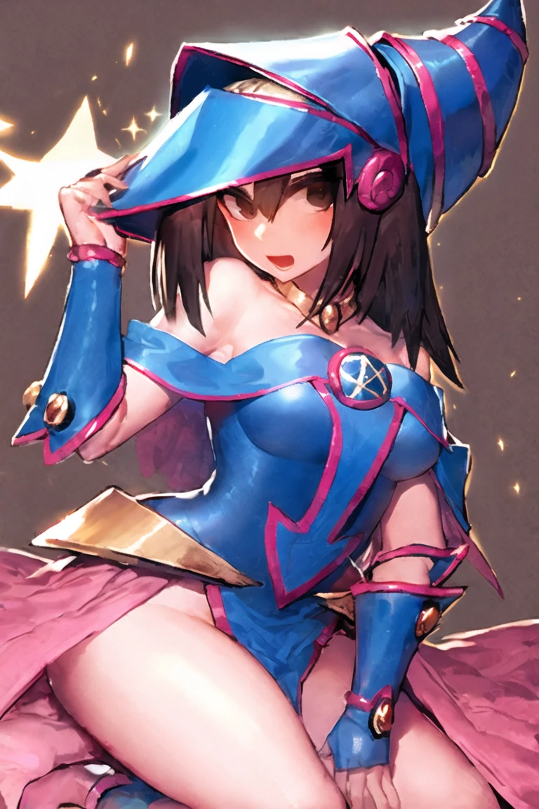 huge tit,cleavage,Anime girl with a sword and hat on her head, Black Magician Girl, beautiful dark magician girl, female mage!, dark magician girl from yu-gi-oh, pretty sorceress, flirty anime witch casting magic, hero 2 d fanart artsation, mighty plump female sorceress, Mage, sorceress woman, half invoker half megumin