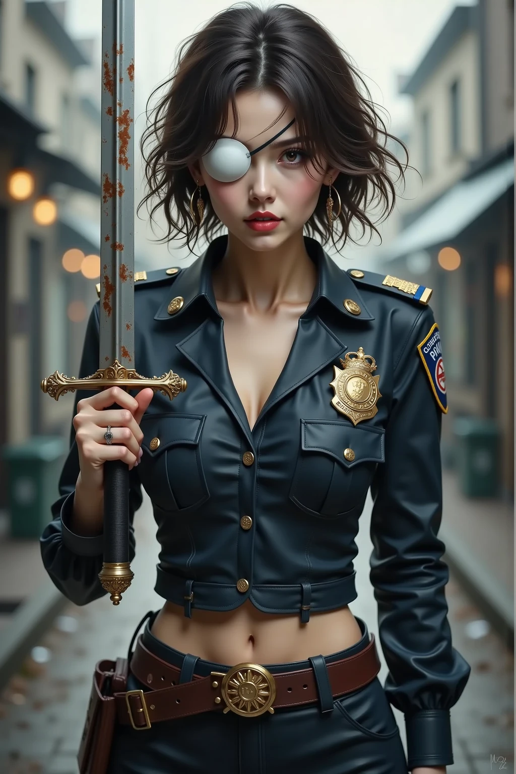 Retrato ultra realista de uma linda mulher de olhos azuis, cabelo preto ondulado, vestindo roupas steampunk sexy, naked, bare naked, tophat, cartola de couro, goggles de ouro. A steampunk pistol in one hand, Front view, corpo inteiro, colete e saia de couro, master part, ultradetalhado, Vista noturna de uma cidade steampunk