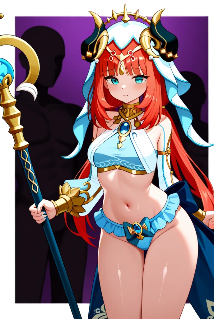 1 gadis , nilou Genshin impact , background bintang bintang , lokasi digunung , magical girl underwear Outfit , staff weapon , ekpresi faceless 