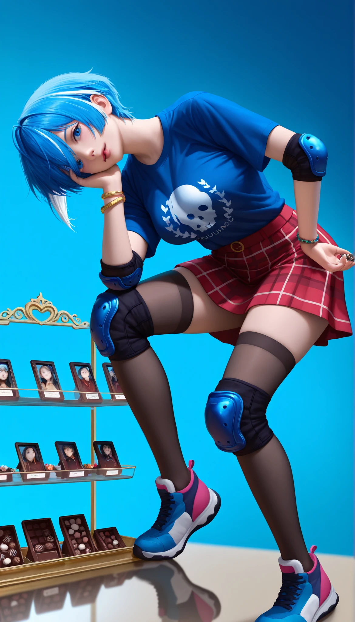 ((RAW Photo), Absurds, (Absurd Resolution)), ((Hyperrealism, Photorealistic)), (beautiful girl, 23 years old), (aquamarine blue hair with white highlights), (Instructor, Chuunibyou, Kind, stockings), (outfit: pink , red miniskirt, royal blue t-shirt, bracelets, knee pads, elbow pads), (leaning over looking at chocolate display case), (Background: colorful display cases), (facing the viewer), (View: Photographic Perspective). «SunPuma S»